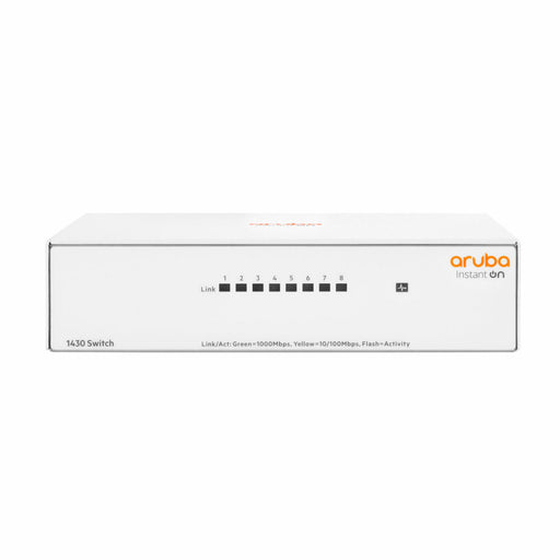 Front view of HPE Aruba Instant On 1430 8-Port Unmanaged Ethernet Switch with 64W power