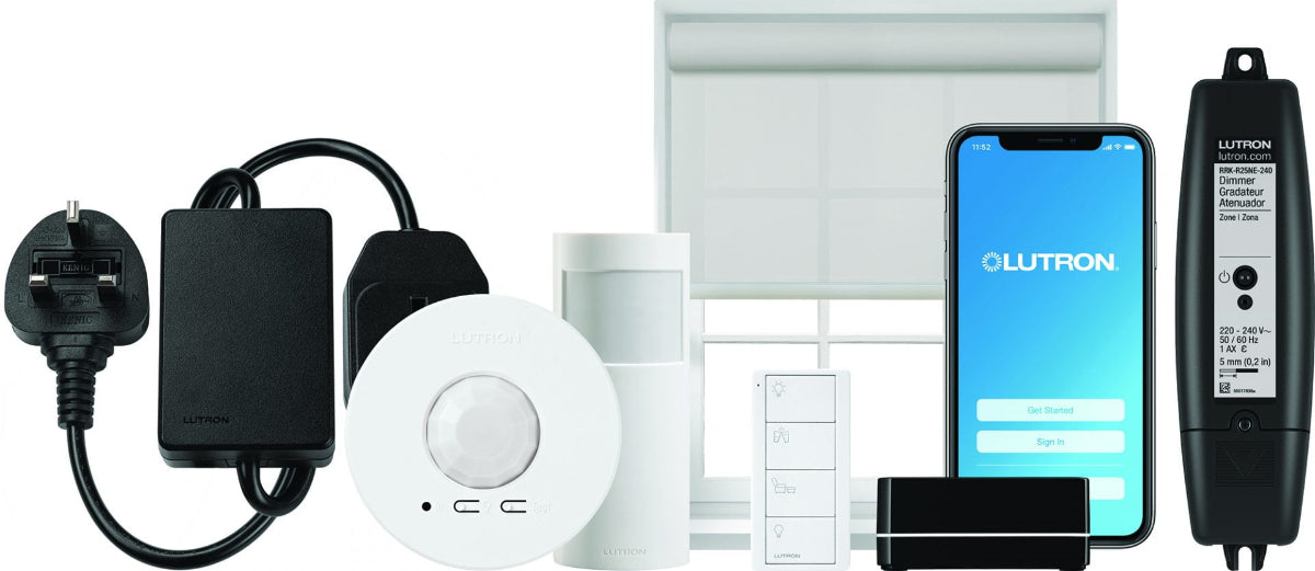 Lutron Pico wireless remote control alongside a window repeater and in-line dimmer, integrated via the Lutron app for...