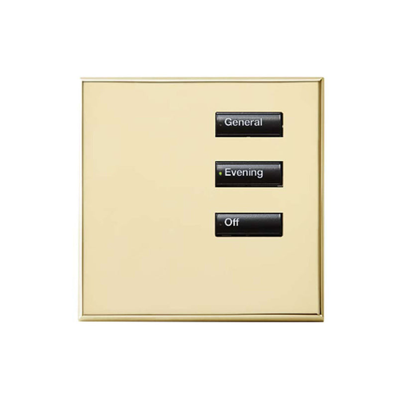 Lutron International Square seeTouch 3-button keypad in antique bronze architectural bight brass finish, featuring backlit...