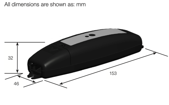 Lutron RadioRA 3 in-line ceiling fan speed control dimensions diagram: 153 x 46 x 32 mm matte black low-profile housing.