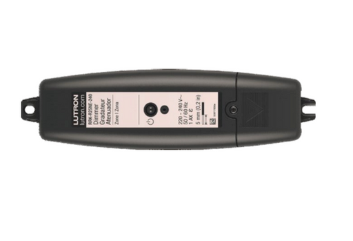 Lutron RadioRA 3 In-Line Trailing Edge Dimmer module RR3K-R25NE-240. Matte black low-profile housing with Lutron label, push button and indicator LED.