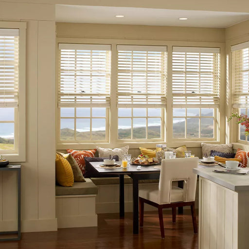 Lutron Sivoia QS motorised wood blinds professionally installed in an Irish kitchen with natural light control