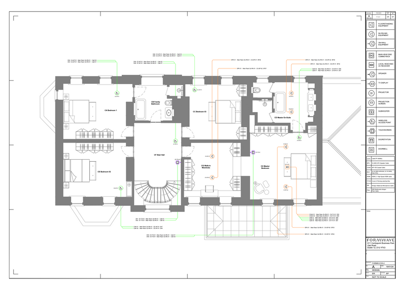 CAD drawing of a residential smart home design featuring lighting zones, AV system integration, security components, and...