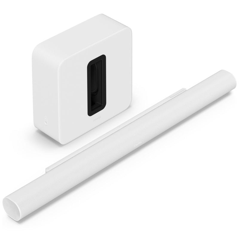 Sonos Arc Ultra soundbar and Sub 4 wireless subwoofer Dolby Atmos 9.1.4 cinema package in matte White.