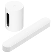 Sonos Beam Gen 2 soundbar and Sub Mini wireless subwoofer surround sound package, alternate angle.