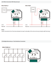 Wiring diagram for the Sunricher SR-MT9040A-S Matter Thread Micro Smart Dimmer, illustrating both two-wire (no neutral) and...