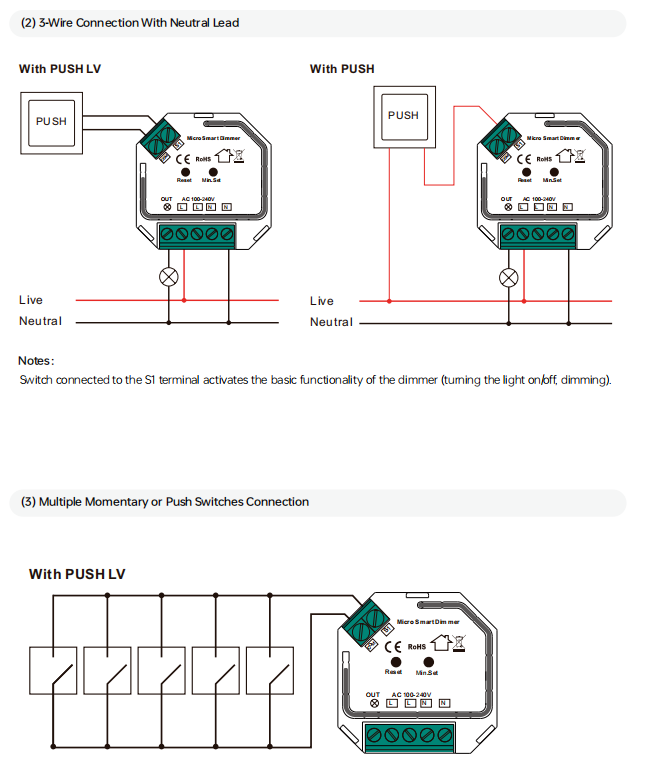 Wiring diagram for the Sunricher SR-MT9040A-S Matter Thread Micro Smart Dimmer, illustrating both two-wire (no neutral) and...