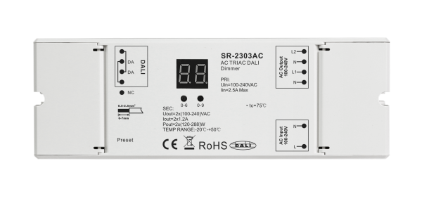 The 2 Channels AC Triac DALI Dimmer SR-2303AC is a highly compatible and certified dimming solution for LED lamps,...