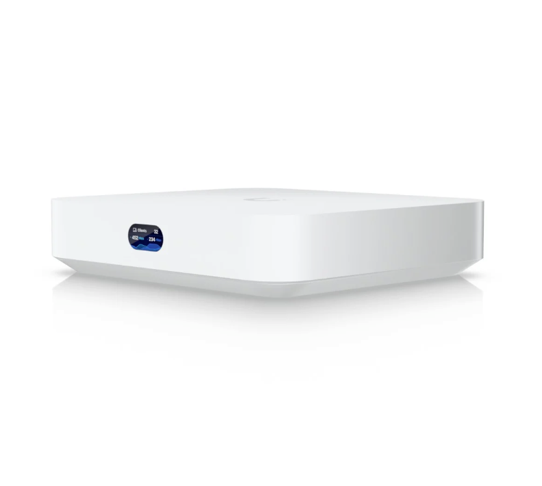Unifi Cloud Gateway Max shown as a sleek, rack-mountable unit designed for seamless cloud integration, remote network...