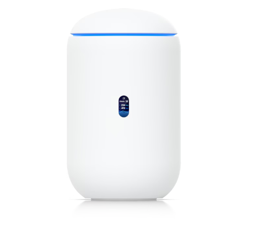 Unifi Dream Router 7 shown with sleek design, featuring Wi-Fi 7 support, built-in security gateway, and integrated UniFi...
